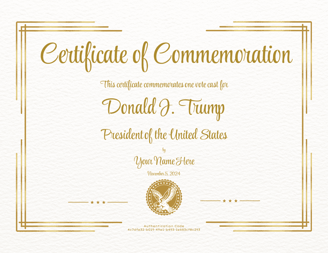Sample Trump Vote Commemorative Certificate
